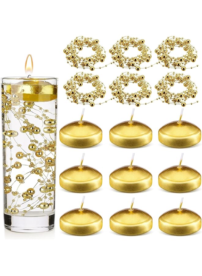 Green Tiger 12 Pieces 1.8 Inch Floating Candles for Centerpiece with 47 Feet 12 Strings Faux Pearl for Vase Filler, Gold Floating Candles for Wedding Dining Table Holiday Party Pool Dinner Home Decor - Image 1