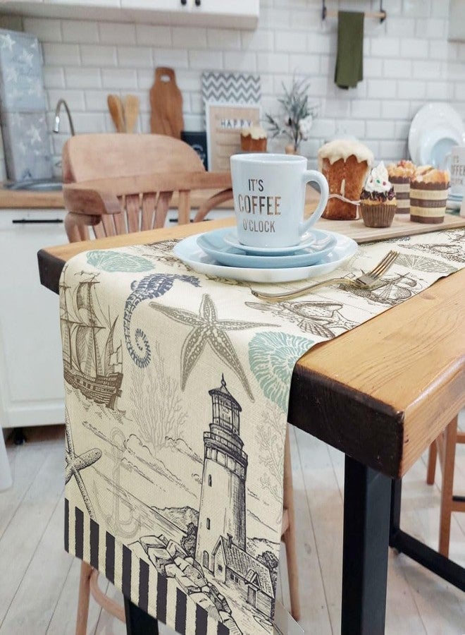DeeCabin Summer Scallops Starfish Coral Coastal Table Runner, Retro Ocean Beach Sea Animals Theme, Black, 13x72IN - Image 1