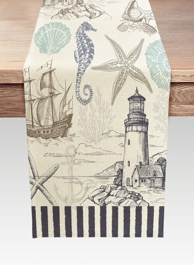 DeeCabin Summer Scallops Starfish Coral Coastal Table Runner, Retro Ocean Beach Sea Animals Theme, Black, 13x72IN - Image 2