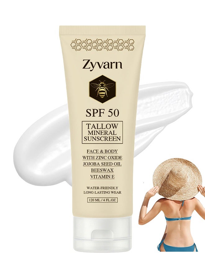 Zyvarn Organic Tallow Mineral Sunscreen, Beef Tallow Sunscreen SPF 50 For Face And Body, With 100% Grass-Fed Tallow And Non-Nano Zinc Oxide Reef Safe, Non-Greasy Clean Formula, Sun Balm For Summer Outdoor Travel, 120ml - Image 1