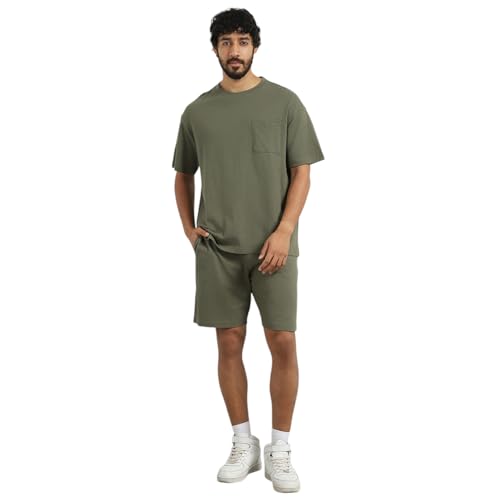 NOBERO Men Cotton Blend Solid Hudson Olive Oversized T-Shirt & Shorts Co Ord Set(1M-Lwcs-R0080-Og5_Olive Green_Xl) - Image 1