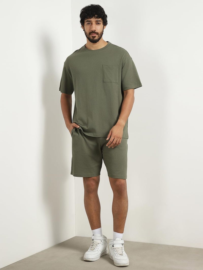 NOBERO Men Cotton Blend Solid Hudson Olive Oversized T-Shirt & Shorts Co Ord Set(1M-Lwcs-R0080-Og5_Olive Green_Xl) - Image 2