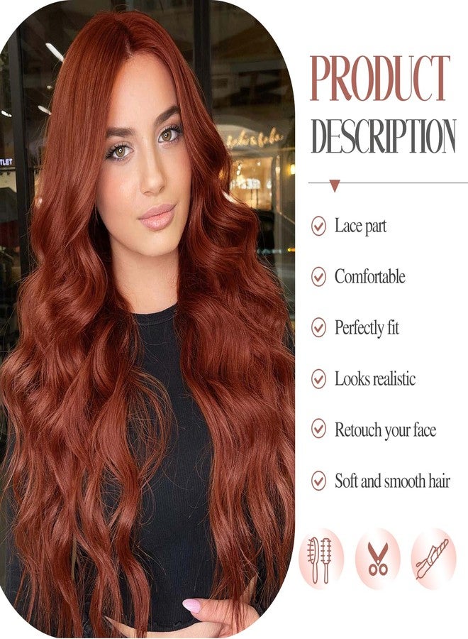 فانسي هير شعر مستعار فاخر مموج بلون بني محمر، طوله 26 بوصة، شعر مستعار مجعد مموج بلون الزنجبيل مع فرق في المنتصف، شعر مستعار صناعي طويل بلون أحمر نحاسي مع مقدمة دانتيل صغيرة، مناسب للنساء والفتيات، مناسب للتنكر والاستخدام اليومي في الحفلات - Image 5
