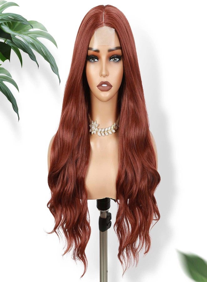 فانسي هير شعر مستعار فاخر مموج بلون بني محمر، طوله 26 بوصة، شعر مستعار مجعد مموج بلون الزنجبيل مع فرق في المنتصف، شعر مستعار صناعي طويل بلون أحمر نحاسي مع مقدمة دانتيل صغيرة، مناسب للنساء والفتيات، مناسب للتنكر والاستخدام اليومي في الحفلات - Image 2