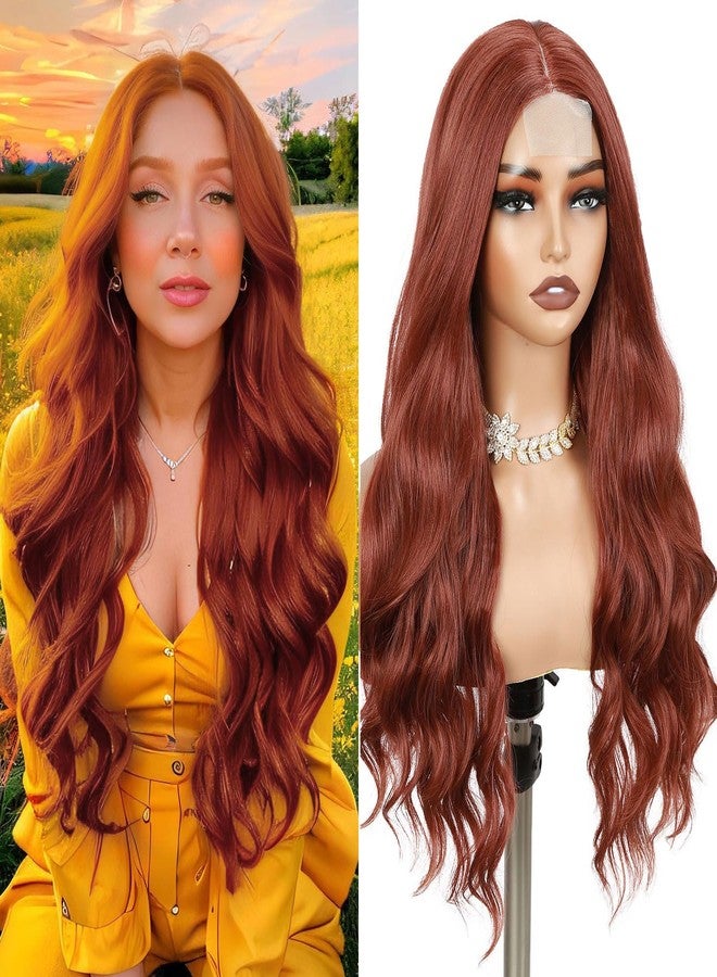 فانسي هير شعر مستعار فاخر مموج بلون بني محمر، طوله 26 بوصة، شعر مستعار مجعد مموج بلون الزنجبيل مع فرق في المنتصف، شعر مستعار صناعي طويل بلون أحمر نحاسي مع مقدمة دانتيل صغيرة، مناسب للنساء والفتيات، مناسب للتنكر والاستخدام اليومي في الحفلات - Image 1