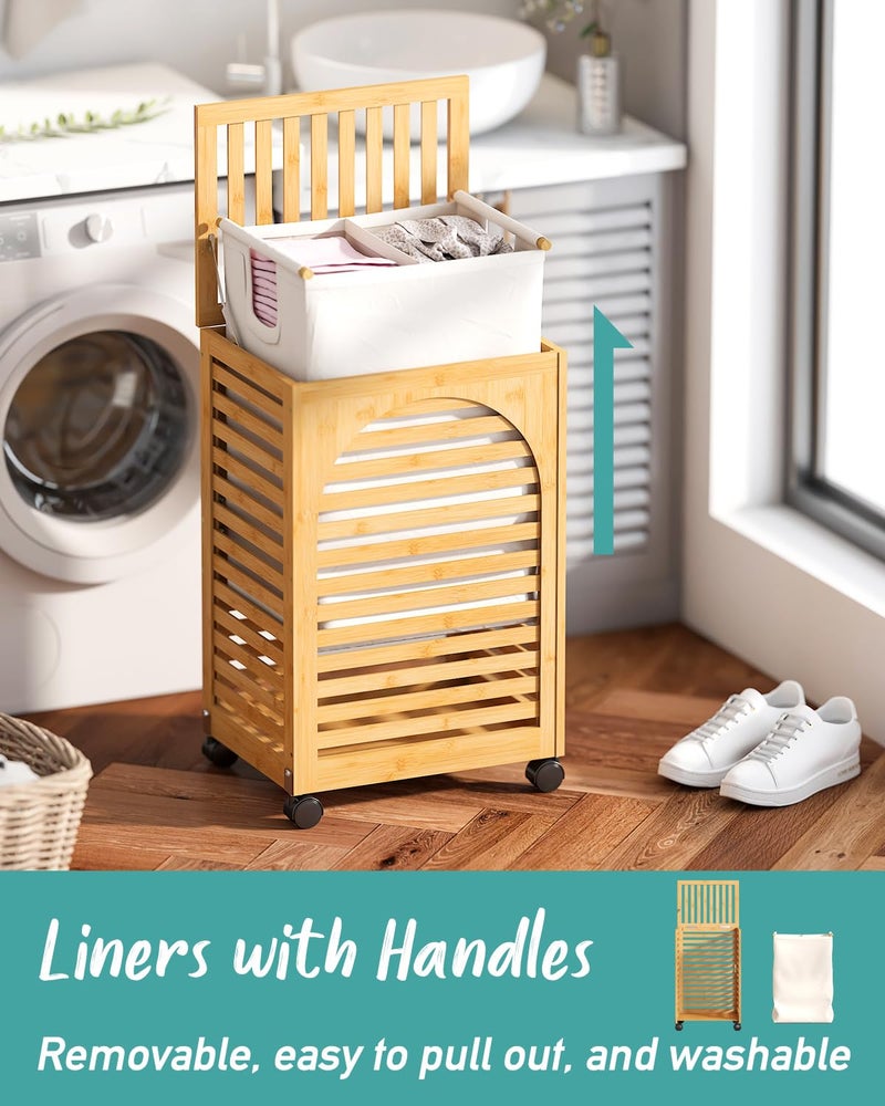 Vriccc Laundry Hamper with Wheels, Laundry Basket with Lid, 22.5Gallon (85L) Bamboo Wood Clothes Laundry Hamper 2 Section with Handles, Removable Liner - Image 3