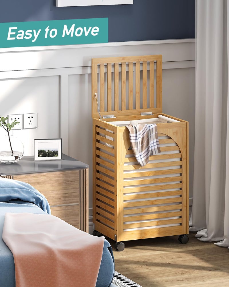 Vriccc Laundry Hamper with Wheels, Laundry Basket with Lid, 22.5Gallon (85L) Bamboo Wood Clothes Laundry Hamper 2 Section with Handles, Removable Liner - Image 5