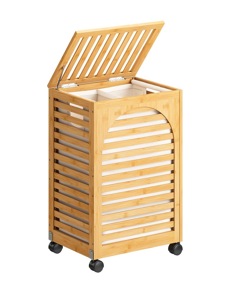 Vriccc Laundry Hamper with Wheels, Laundry Basket with Lid, 22.5Gallon (85L) Bamboo Wood Clothes Laundry Hamper 2 Section with Handles, Removable Liner - Image 1