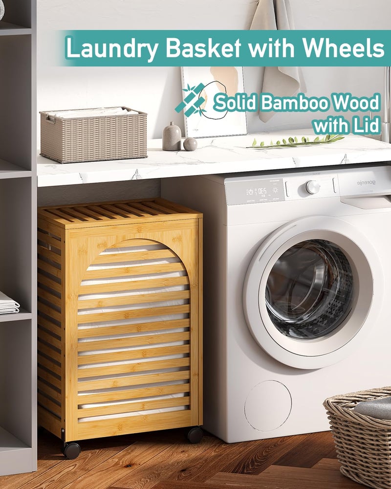 Vriccc Laundry Hamper with Wheels, Laundry Basket with Lid, 22.5Gallon (85L) Bamboo Wood Clothes Laundry Hamper 2 Section with Handles, Removable Liner - Image 2
