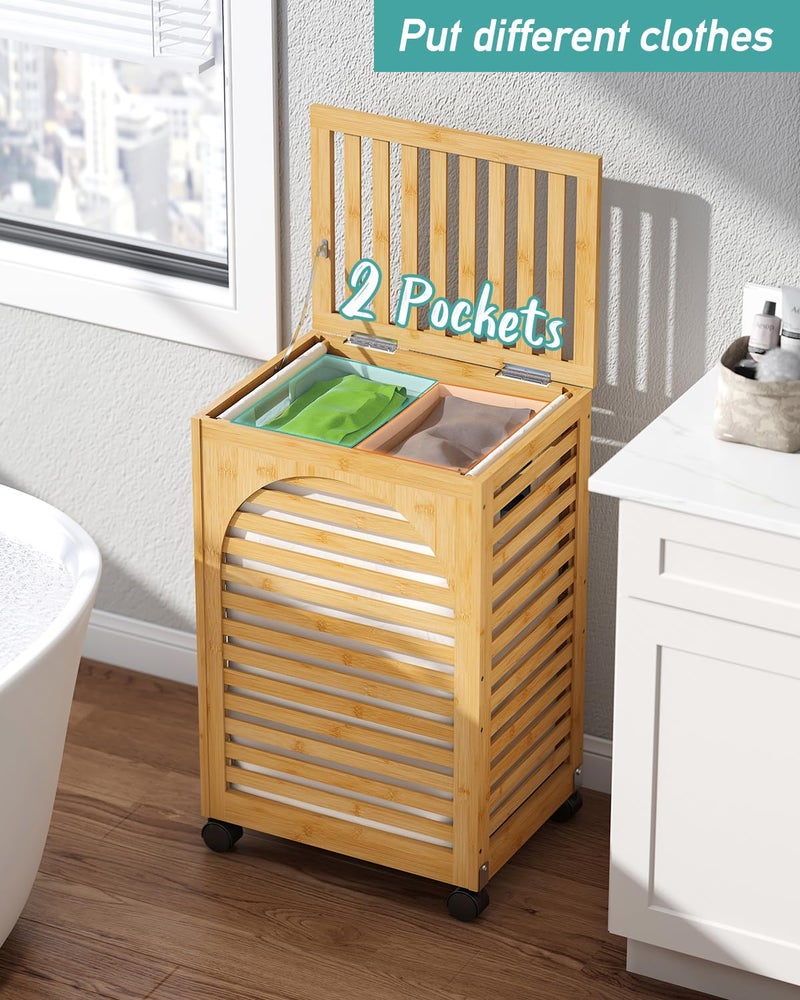 Vriccc Laundry Hamper with Wheels, Laundry Basket with Lid, 22.5Gallon (85L) Bamboo Wood Clothes Laundry Hamper 2 Section with Handles, Removable Liner - Image 4