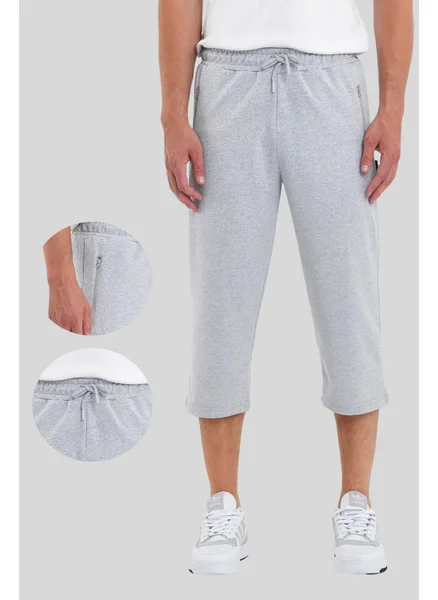 mmetalic Men's Zipper Pockets Gray Bermuda Below Knee Capri Long Shorts with Adjustable Elastic Waist