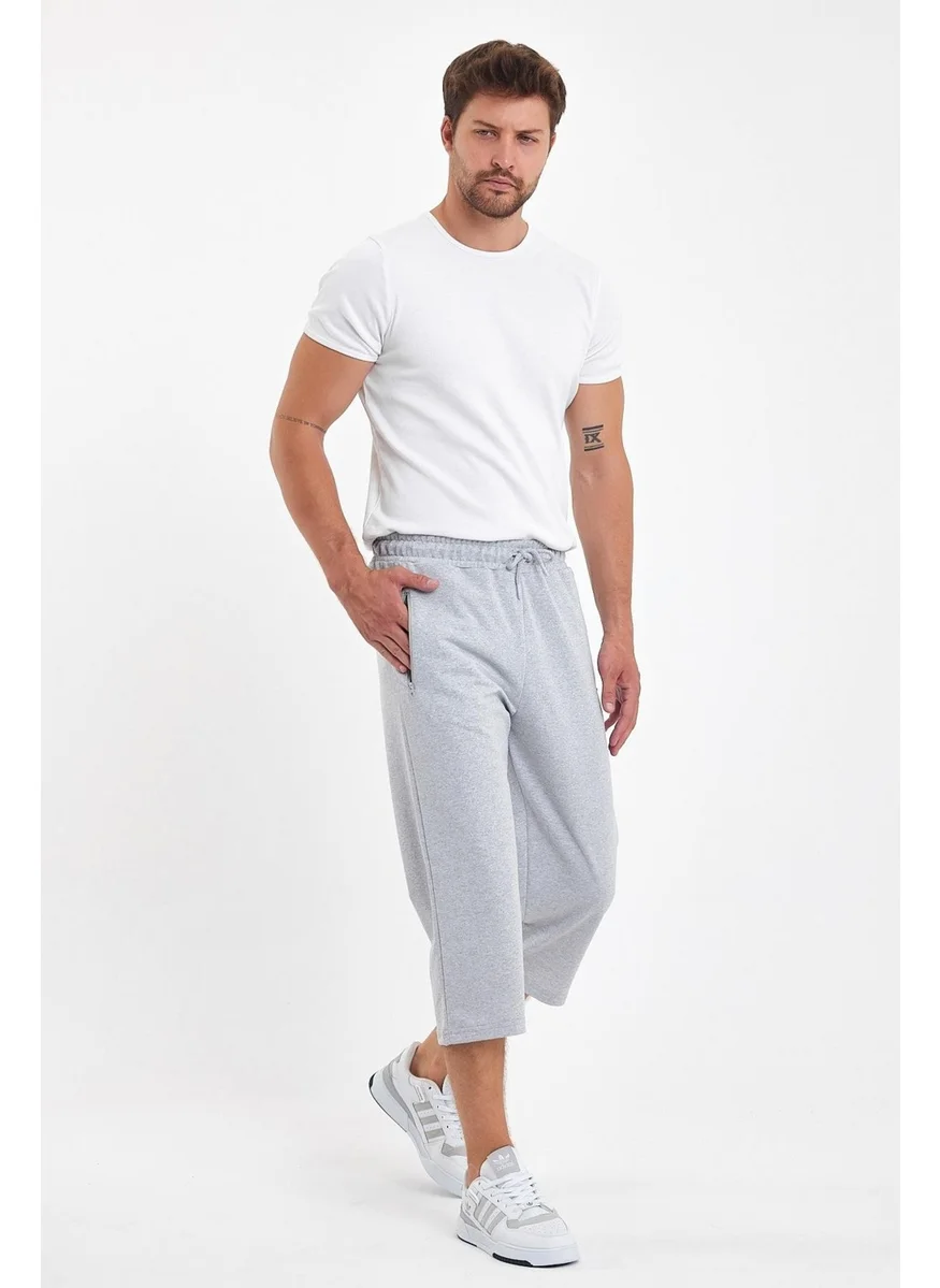 mmetalic Men's Zipper Pockets Gray Bermuda Below Knee Capri Long Shorts with Adjustable Elastic Waist