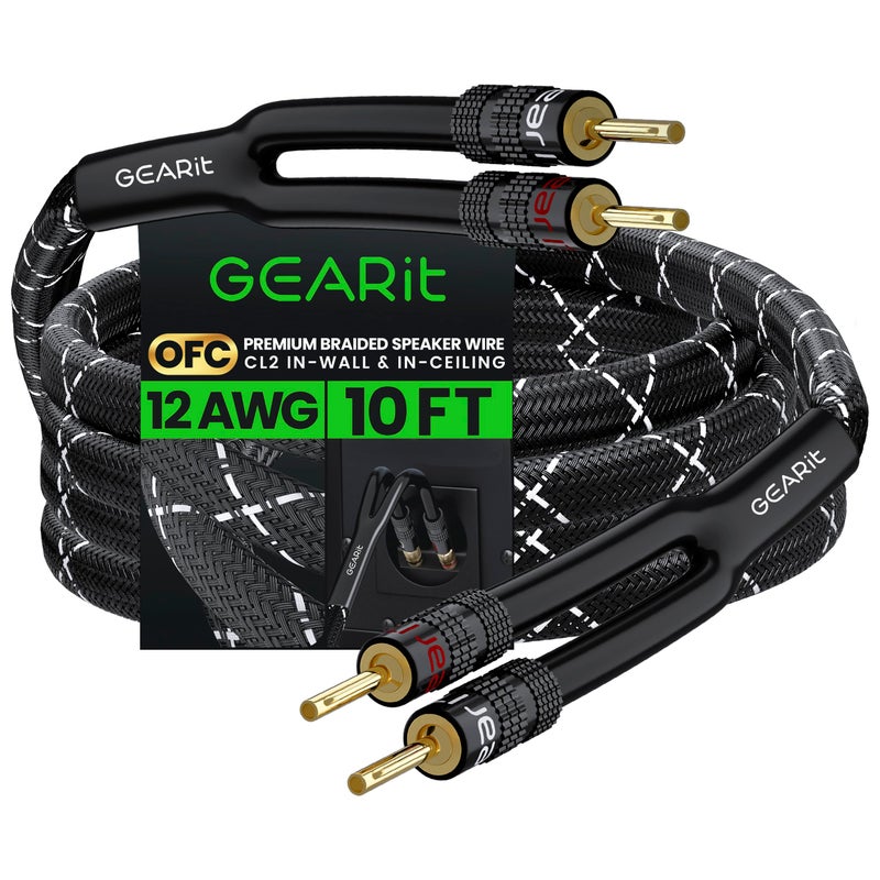 GearIT 12AWG Speaker Cable Wire with Gold-Plated Banana Tip Plugs (10 Feet) in-Wall CL2 Rated, Heavy Duty Braided, 99.9% Oxygen-Free Copper (OFC) - Black, 10ft - Image 1