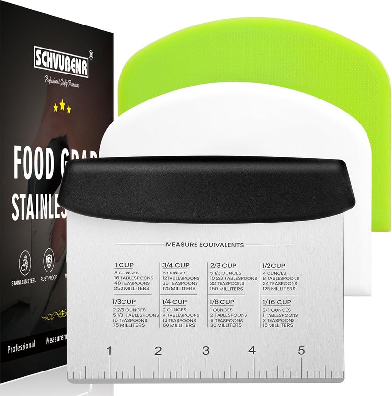 SCHVUBENR Premium Dough Scraper Set with 2 Flexible Bowl Scrapers - Stainless Steel Dough Cutter & Bench Scraper with Measuring Scale - Versatile Kitchen Scraper for Bread, Pastry, Pizza, Cake - Black - Image 1