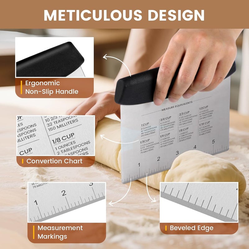 SCHVUBENR Premium Dough Scraper Set with 2 Flexible Bowl Scrapers - Stainless Steel Dough Cutter & Bench Scraper with Measuring Scale - Versatile Kitchen Scraper for Bread, Pastry, Pizza, Cake - Black - Image 3