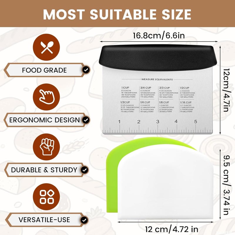SCHVUBENR Premium Dough Scraper Set with 2 Flexible Bowl Scrapers - Stainless Steel Dough Cutter & Bench Scraper with Measuring Scale - Versatile Kitchen Scraper for Bread, Pastry, Pizza, Cake - Black - Image 2