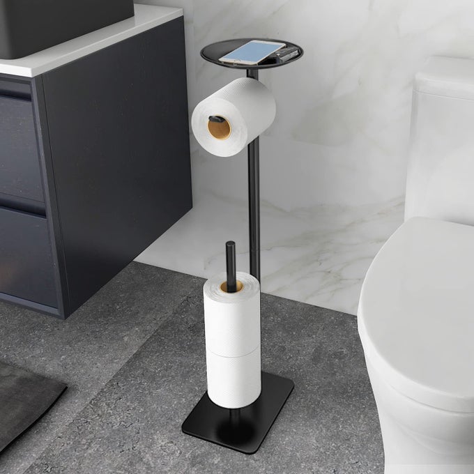 TOILET PAPER HOLDER STAND FOR BATHROOM FLOOR STANDING TOILET ROLL DISPENSER STORAGES 4 RESERVE ROLLS WITH TOP STORAGE SHELF FOR CELL PHONES WIPE WALLET AND MOREBLACK