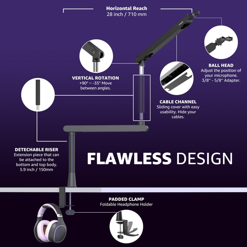 i-XTECH ذراع ميكروفون IXTECH ميكروفون حامل منخفض الملف الشخصي قابل للتعديل لميكروفونات Blue Yeti وShure Sm7b وHyperx QuadCast وRode وFifine وAt2020 ذراع ميكروفون 360Â° للألعاب والبودكاست. - Image 3