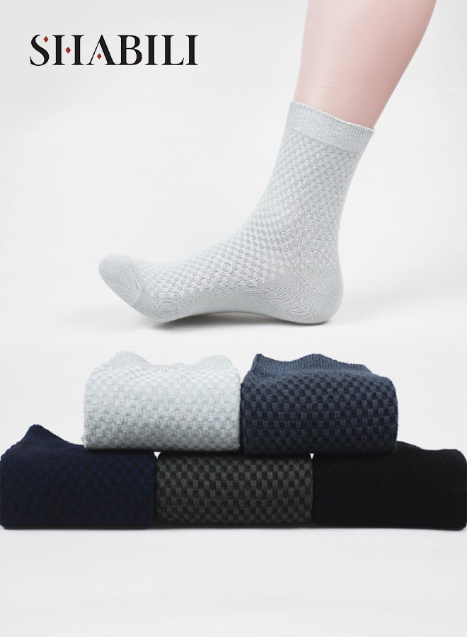 شبيلي جوارب من ألياف الخيزران للرجال بطول الكاحل (طقم من 5 أزواج: كحلي، رمادي حديدي، أزرق رمادي، أسود، فضي رمادي)، قابلة للتنفس وطاردة للرطوبة، برباط مطاطي مرن، مضادة للروائح ولا تكوّن الوبر، للاستخدام اليومي والسفر - Image 1