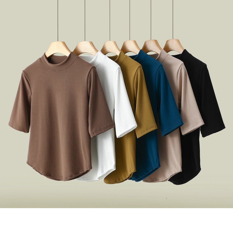Half-High Collar Mu Si Warm Velvet Base Shirt Women'S Inner Wear Slim-Fit Outer Wear Top 5-Sleeve T-Shirt Muscle Base Shirt - Image 2