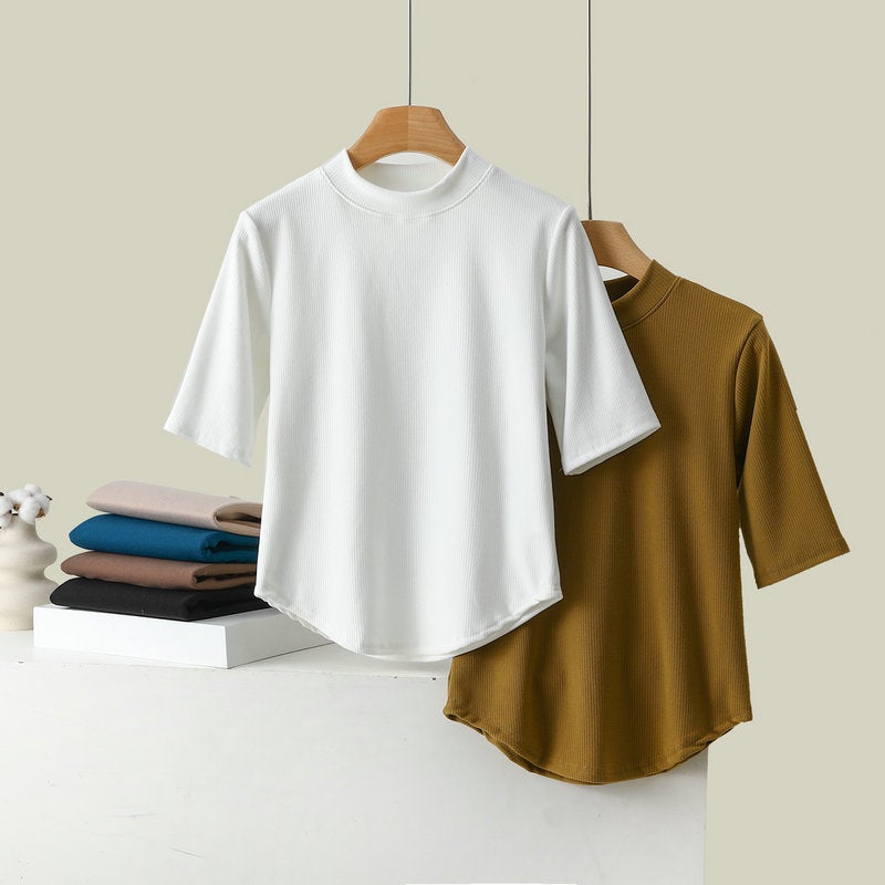 Half-High Collar Mu Si Warm Velvet Base Shirt Women'S Inner Wear Slim-Fit Outer Wear Top 5-Sleeve T-Shirt Muscle Base Shirt - Image 4
