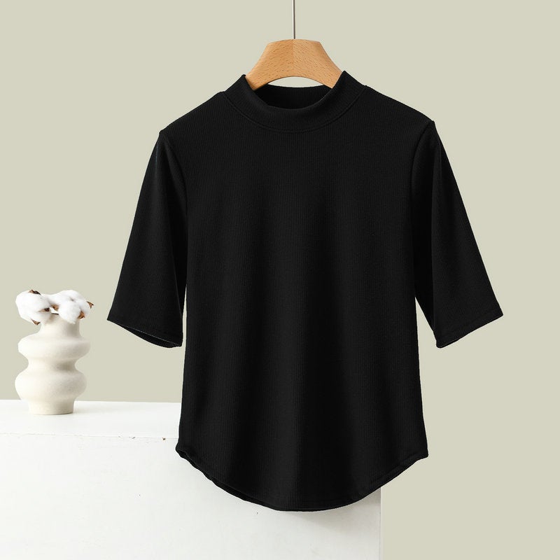 Half-High Collar Mu Si Warm Velvet Base Shirt Women'S Inner Wear Slim-Fit Outer Wear Top 5-Sleeve T-Shirt Muscle Base Shirt - Image 5