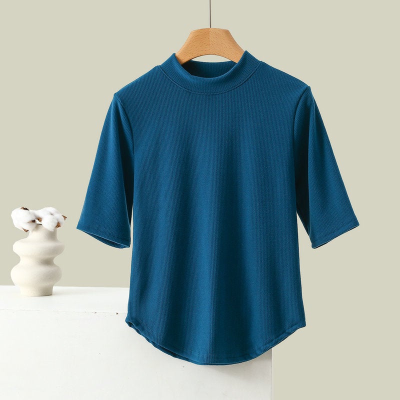Half-High Collar Mu Si Warm Velvet Base Shirt Women'S Inner Wear Slim-Fit Outer Wear Top 5-Sleeve T-Shirt Muscle Base Shirt - Image 1