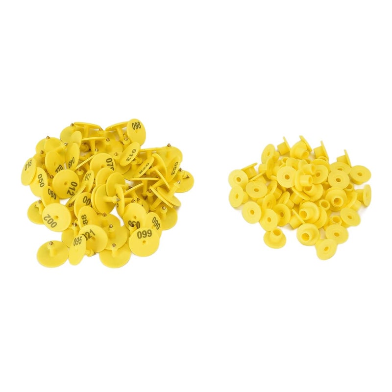 Yellow Livestock Ear Tags 100Pcs with Numbers Anti Dropping TPU for Pigs Sheep Foxes Includes Copper Nails - Image 2