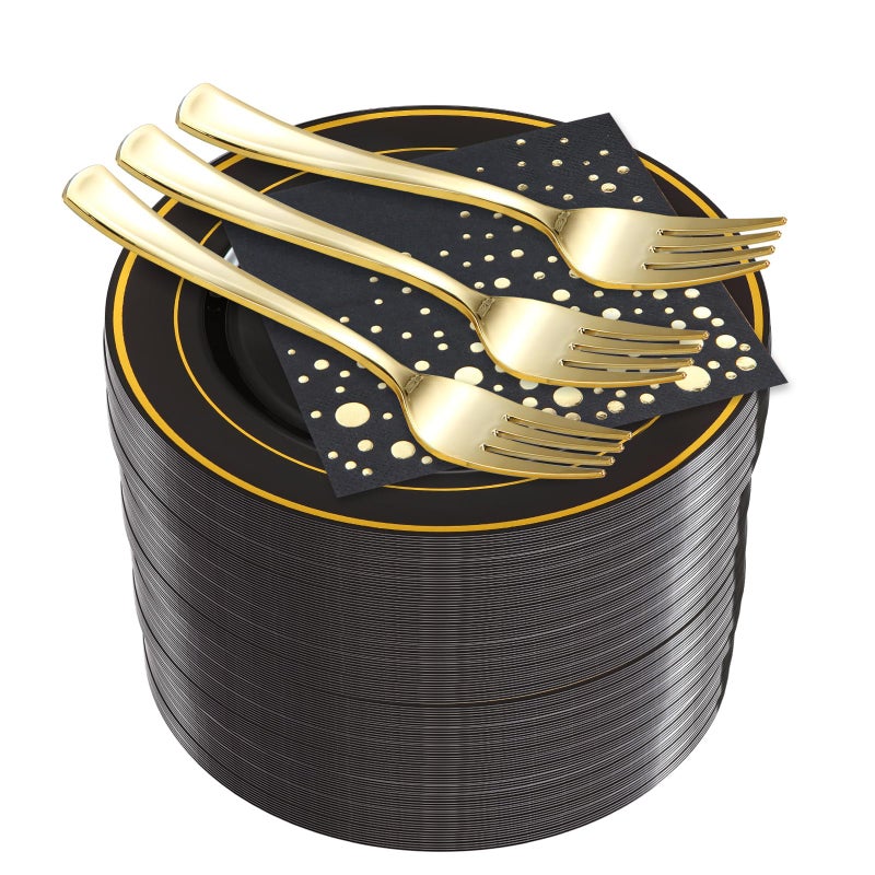 Stylish 75 Inch Gold and Black Cake Plates with Disposable Forks and Cocktail Napkins 100 Set of Each Small Appetizer Plates Disposable Cake Plates or Salad Plate Black Plastic Dessert Plates