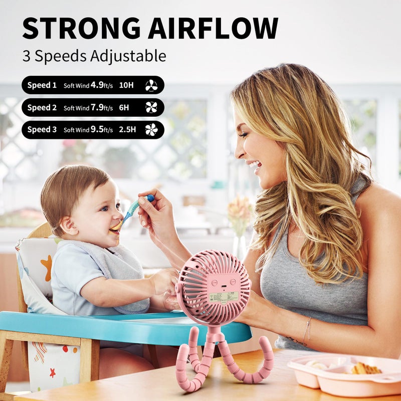 AMACOOL Battery Operated Stroller Fan Flexible Tripod Clip On Fan with 3 Speeds and Rotatable Handheld Personal Fans for Car Seat Crib Bike Treadmill (Pink) - Image 3