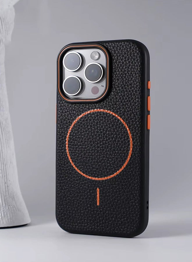 Magsafe Phone Case For iPhone 16 Pro With High Quality Rubber Frame And Slim Lychee Pattern Leather Case with Camera Lens Protection Shockproof Cover And support wireless Charging Leather Cover for iPhone 16 Pro - Black/Orange - Image 5