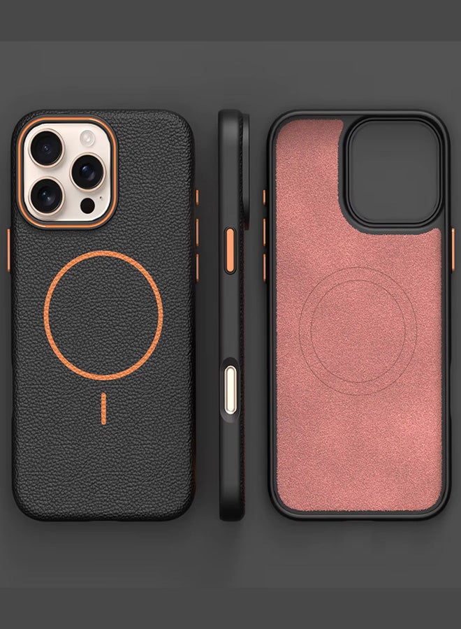 Magsafe Phone Case For iPhone 16 Pro With High Quality Rubber Frame And Slim Lychee Pattern Leather Case with Camera Lens Protection Shockproof Cover And support wireless Charging Leather Cover for iPhone 16 Pro - Black/Orange - Image 3