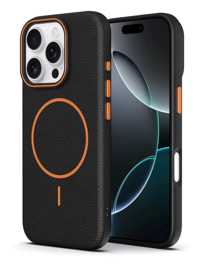 Magsafe Phone Case For iPhone 16 Pro With High Quality Rubber Frame And Slim Lychee Pattern Leather Case with Camera Lens Protection Shockproof Cover And support wireless Charging Leather Cover for iPhone 16 Pro - Black/Orange - Image 1