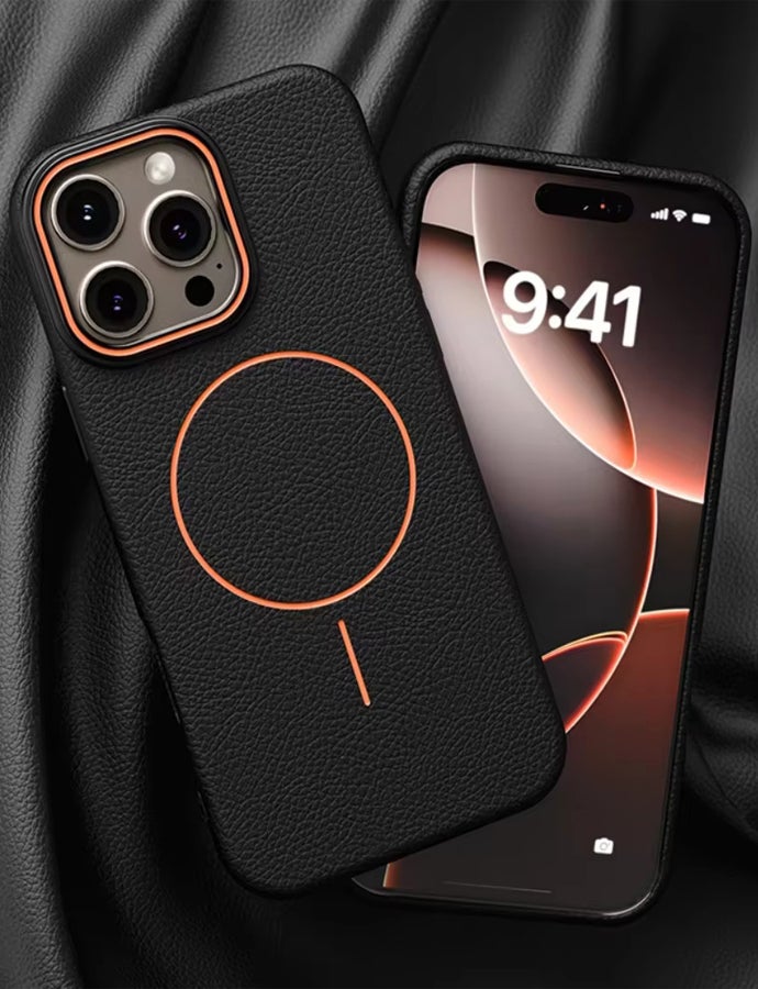 Magsafe Phone Case For iPhone 16 Pro With High Quality Rubber Frame And Slim Lychee Pattern Leather Case with Camera Lens Protection Shockproof Cover And support wireless Charging Leather Cover for iPhone 16 Pro - Black/Orange - Image 2