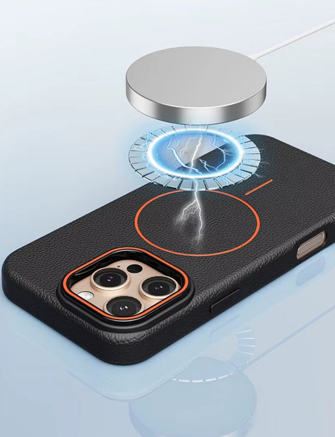 Magsafe Phone Case For iPhone 16 Pro With High Quality Rubber Frame And Slim Lychee Pattern Leather Case with Camera Lens Protection Shockproof Cover And support wireless Charging Leather Cover for iPhone 16 Pro - Black/Orange - Image 4