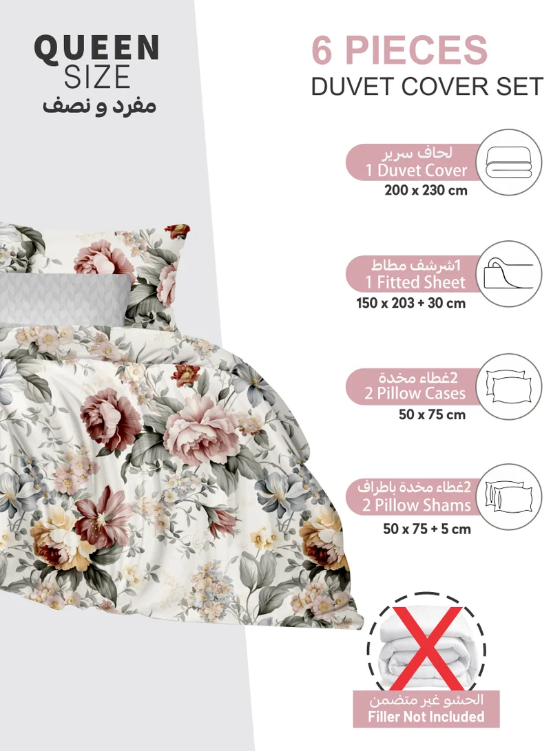 Donetella Printed Duvet Set, Queen Size 200x230 cm - 6-Pcs Bed Set, Microfiber Fabric - 1 Duvet Cover, 1 Fitted Sheet, 2 Pillow Shams, 2 Pillowcases (Filler Not Included)