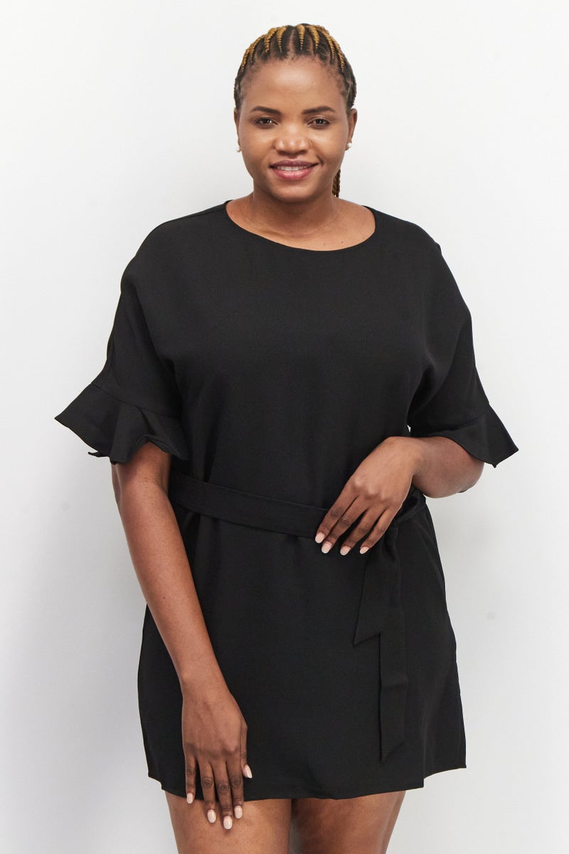 TWINSET Women Plain Belted Midi Dress, Black - Image 1