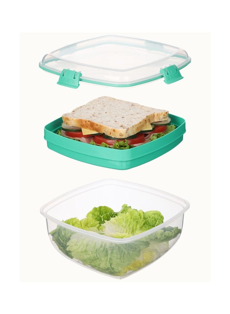 Sistema Salad + Sandwich To Go 1.63L Teal – BPA Free Lunch Container with Separate Sandwich Tray, Leak-Resistant Locking Lid, Reusable Meal Prep Box for Office, School, Travel & Healthy Eating - Image 4