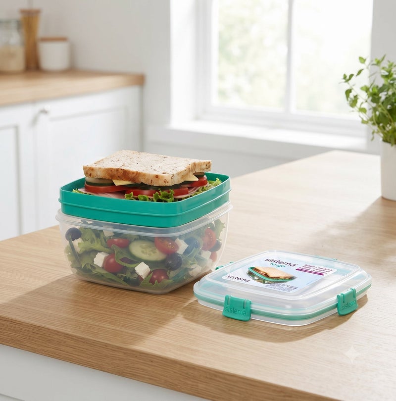 Sistema Salad + Sandwich To Go 1.63L Teal – BPA Free Lunch Container with Separate Sandwich Tray, Leak-Resistant Locking Lid, Reusable Meal Prep Box for Office, School, Travel & Healthy Eating - Image 5