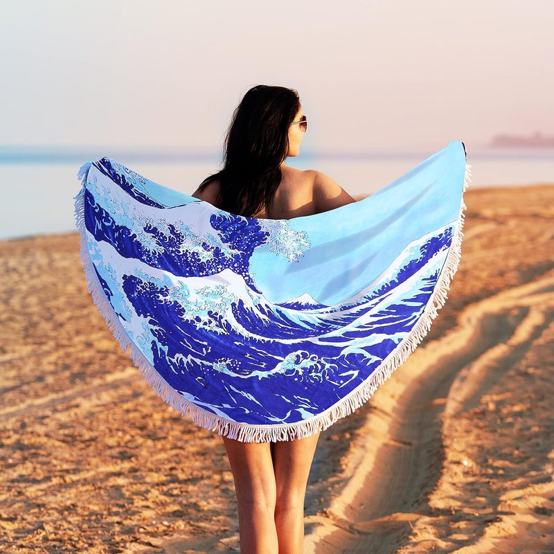 Violet Mist Ocean Round Large Beach Towel Absorbent Soft Quick Dry Microfiber Novelty Yoga Rug Mat Free Throw Tapestry Blanket Women Girls 60 Inches (Blue Sea Wave) - Image 1