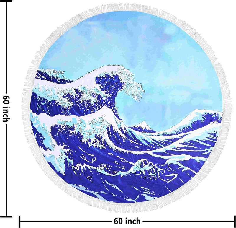Violet Mist Ocean Round Large Beach Towel Absorbent Soft Quick Dry Microfiber Novelty Yoga Rug Mat Free Throw Tapestry Blanket Women Girls 60 Inches (Blue Sea Wave) - Image 3