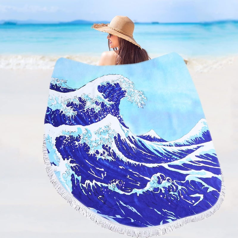 Violet Mist Ocean Round Large Beach Towel Absorbent Soft Quick Dry Microfiber Novelty Yoga Rug Mat Free Throw Tapestry Blanket Women Girls 60 Inches (Blue Sea Wave) - Image 2