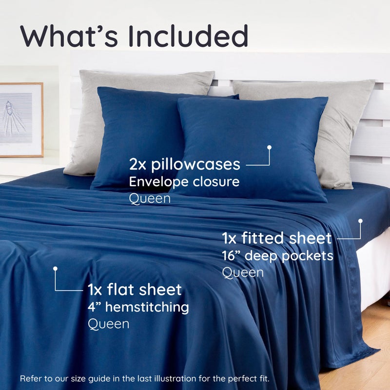 Bambaw 100% Viscose Derived From Bamboo Sheets Deep Pockets Queen Size Set - 4Pcs Soft Bedding  Fits Up To 16'' With Elastic Corner Straps  Queen Size Cooling Sheets (Navy Blue) - Image 2
