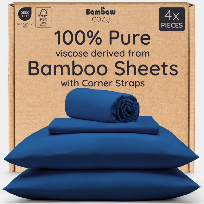 Bambaw 100% Viscose Derived From Bamboo Sheets Deep Pockets Queen Size Set - 4Pcs Soft Bedding  Fits Up To 16'' With Elastic Corner Straps  Queen Size Cooling Sheets (Navy Blue) - Image 1