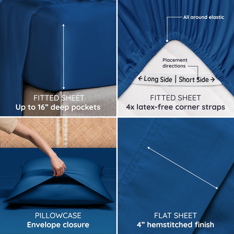 Bambaw 100% Viscose Derived From Bamboo Sheets Deep Pockets Queen Size Set - 4Pcs Soft Bedding  Fits Up To 16'' With Elastic Corner Straps  Queen Size Cooling Sheets (Navy Blue) - Image 5