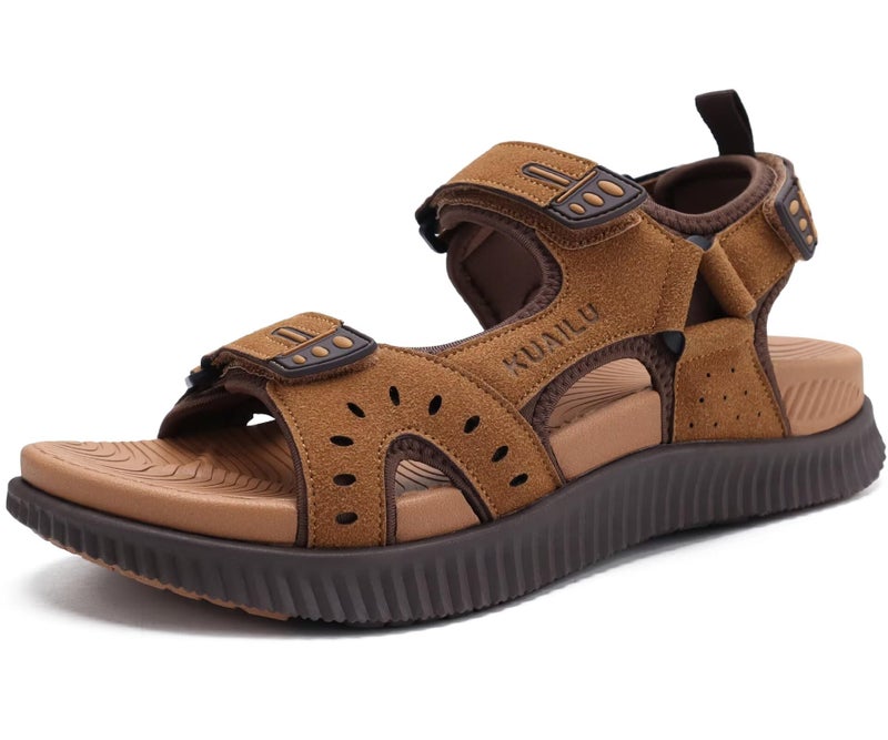 KuaiLu Mens Leather Hiking Sandals With Arch Support Orthopedic Sport Recovery Athletic Walking Sandals For Man Outdoor Summer Casual Thick Cushion Beach Water Fisherman Sandal, size 11 Khaki Brown - Image 1