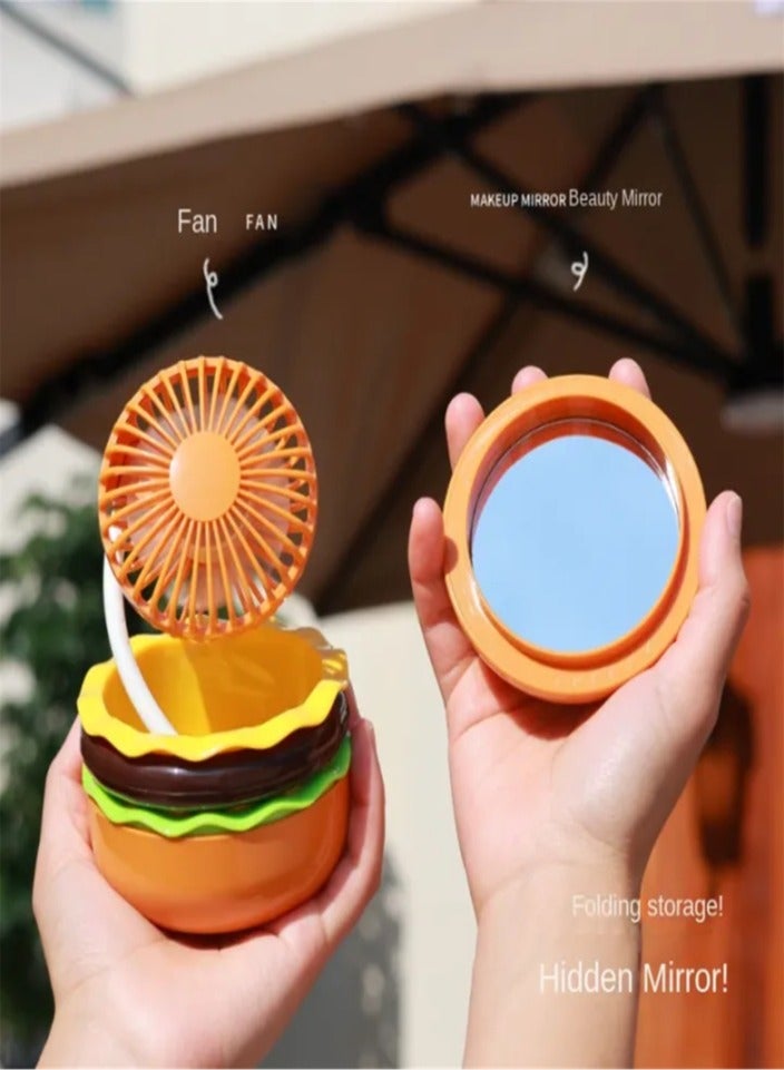 مروحة برجر صغيرة مع مرآة تجميل، شحن USB، مروحة كهربائية صغيرة محمولة مبتكرة، مروحة صامتة لسطح المكتب (برتقالي) - Image 3