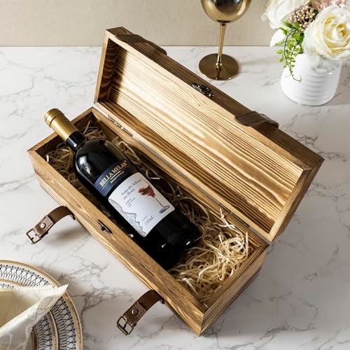 MyGift Vintage Wooden Wine Gift Box - Single Bottle Holder with Locking Latch & Leather Straps, Rustic Brown Wedding Champagne, Beer (14x5x5 Inches) - Image 4