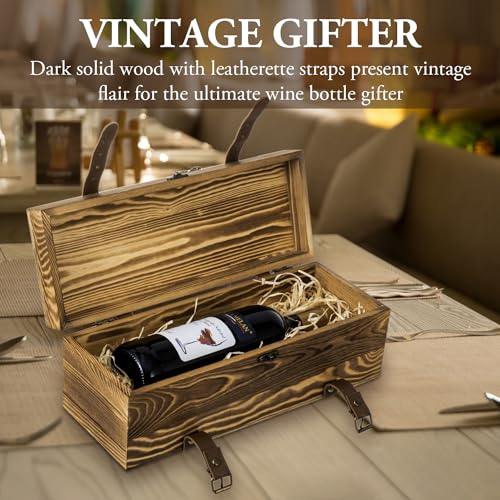 MyGift Vintage Wooden Wine Gift Box - Single Bottle Holder with Locking Latch & Leather Straps, Rustic Brown Wedding Champagne, Beer (14x5x5 Inches) - Image 2