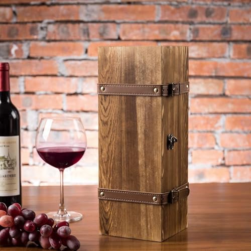 MyGift Vintage Wooden Wine Gift Box - Single Bottle Holder with Locking Latch & Leather Straps, Rustic Brown Wedding Champagne, Beer (14x5x5 Inches) - Image 3